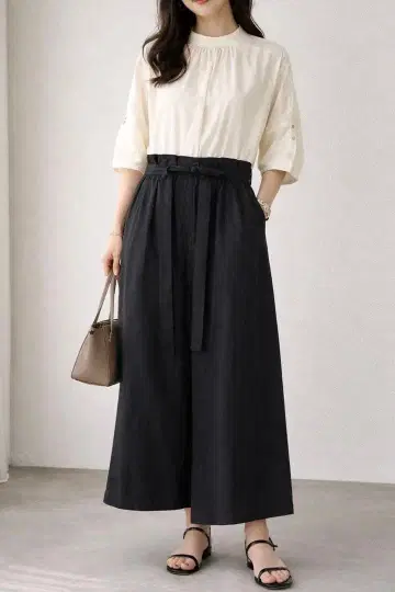 아이보리 블랙 허리 리본 원피스