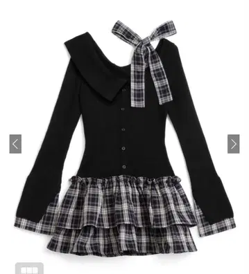 체크 무늬 도킹 원숄더 리본 프릴 니트 원피스 [pm785]