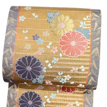 후쿠로 오비 국화 벚꽃 꽃잎 가로 줄무늬 대나무 기모노 122b d ms