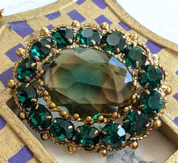 바이컬러 기브레 유리 브로치 에메랄드 그린 비쥬 영국 빈티지