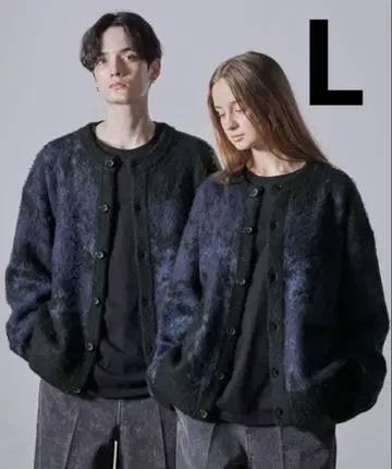 CLEL 모헤어 블렌드 샤기 디자인 크루넥 가디건 블루 계열 L