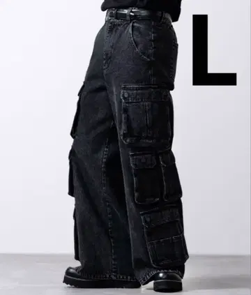 CLEL 3D 멀티 포켓 데님 카고 팬츠 블랙 계열 L 사이즈