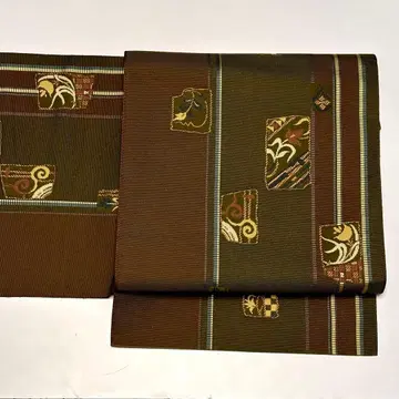 하카타 오리 8촌 나고야 오비 순수 실크 중고 꽃 브라운 so231