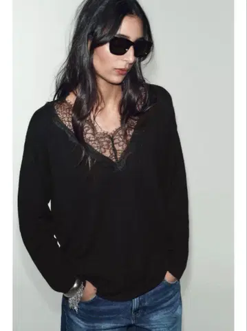 레이스 니트 블랙 v넥 zara