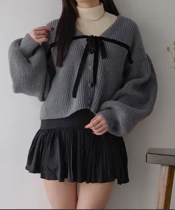 Ambre Neige 벨로아 리본 니트 가디건