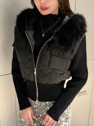 qung QUNG 퀼팅 플랩 도킹 다운 충전솜 블랙