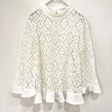 클로디 피에르로 레이스 블라우스 스탠드 카라 쉬폰 프릴 소매 (36)