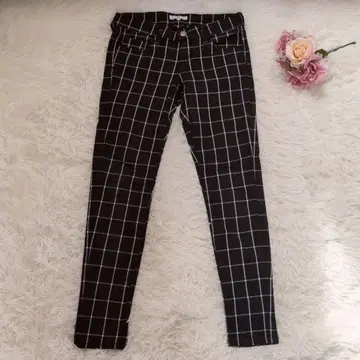 PROPOTION 체크 롱 팬츠 네이비 화이트 사이즈 24