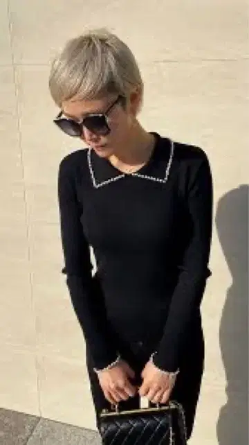 젠느 니트 펄 옷깃 긴팔 리브 니트