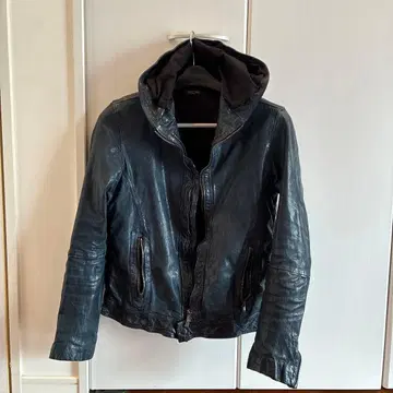 레어 블루 가죽 자켓 후드 부착