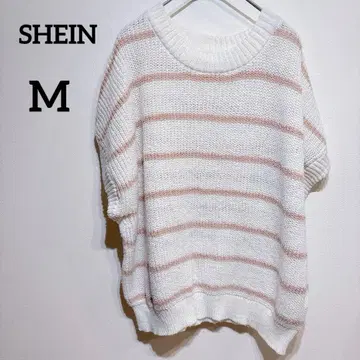 SHEIN [ M ] 반팔 니트 스웨터 화이트/핑크 보더