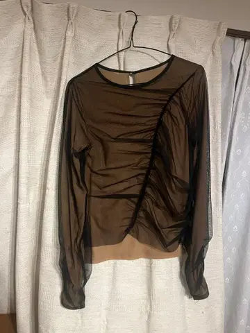 Ray BEAMS 브라운 시스루 긴팔 셔츠 개더