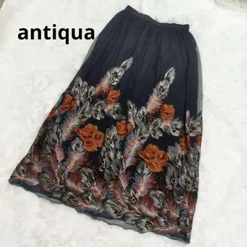 안티카 KINU 자카드풍 자수 샤 스커트 롱 스커트 블랙