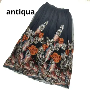 안티카 KINU 자카드풍 자수 샤 스커트 롱 스커트 블랙