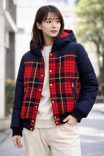 TOMMY 체크 절개 충전솜 후드 자켓 여성용 M 사이즈