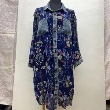 레트로풍 7부 기장 롱셔츠 데님풍 x 꽃무늬 디자인 개성파 여성용 셔츠