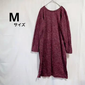 스트라이프 패턴 와인 레드 긴팔 원피스 사이드 롱 슬릿