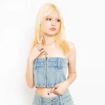 아토모스 핑크 케미컬 워시 데님 뷔스티에