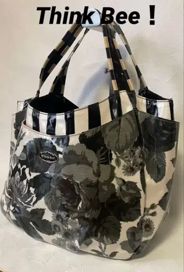 Think Bee! 스트라이프 패턴 꽃무늬 비닐 토트백