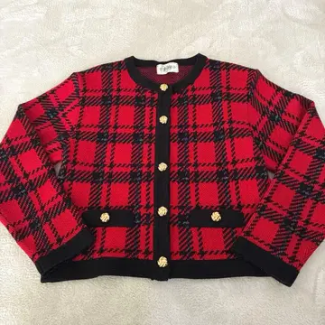 새상품급 울 혼방 골드 버튼 레드 x 블랙 체크 가디건 니트 스웨터