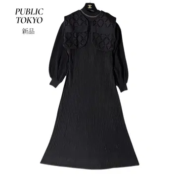 새상품 퍼블릭 도쿄 니트 원피스 볼레로 세트 일본제 블랙 프리