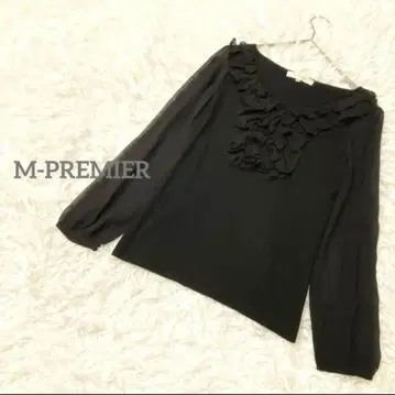 엠프리미어 긴팔 니트 상의 쉬폰 슬리브 프릴 울 혼방 고급