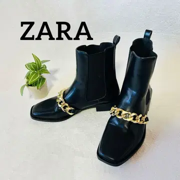 ZARA 자라 체인 달린 블랙 가죽 사이드 고어 부츠 블랙
