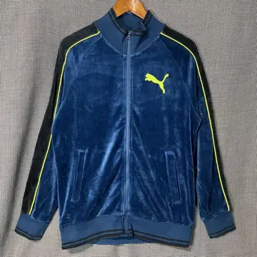 PUMA 형광 로고 리브 라인 풀 집업 벨로아 저지 래글런 소매 푸마