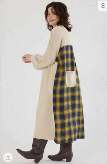 로데오 크라운 체크 도킹 원피스 아이보리 롱 원피스