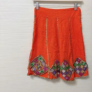 하나뿐인 미러워크 자수 플레어 스커트 오렌지 에스닉 인도 끈 조절