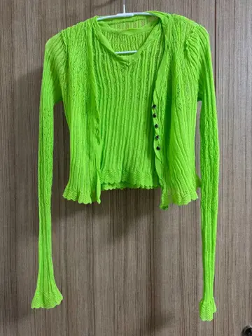 형광 그린 리브 긴팔 가디건 & 상의