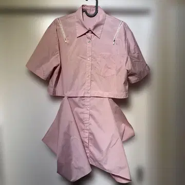 핑크 숏 기장 셔츠 원피스 반팔