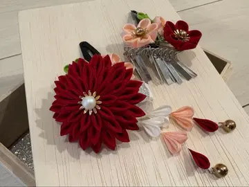 시치고산 새상품급 꽃 모티브 머리 장식 헤어콤 빨간색