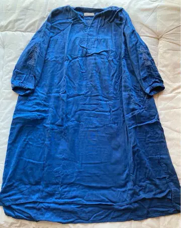 시삼 포근포근 거즈 파란 원피스 오부 소매