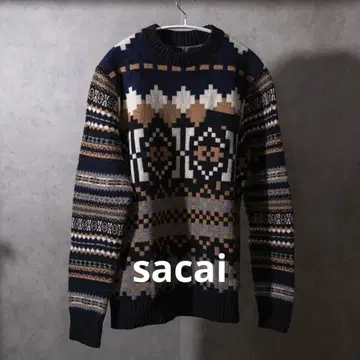 사카이 기하학 패턴 니트 스웨터 네이비