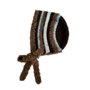 보닛 발라클라바 손뜨개질 니트 핸드메이드 브라운 x 스카이블루