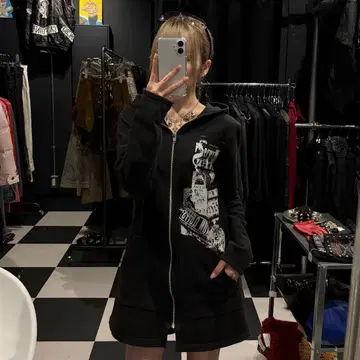 h.anarchy 롱 기장 집업 후드티 그런지 펑크