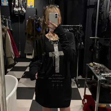 십자가 롱 T 원피스 라메 프린트 셔링 디자인 그런지 y2k