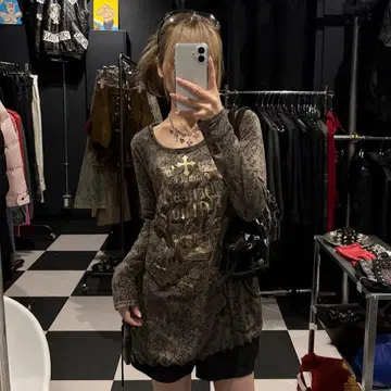 알곤킨 페어리 그런지 십자가 긴팔 티셔츠 롱티