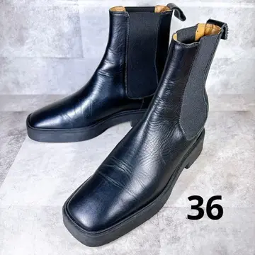 ZARA 자라 사이드 고어 부츠 36 스퀘어 통굽 천연 가죽 블랙