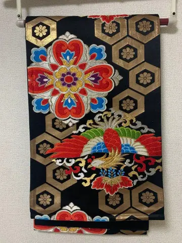 후리소데 성인식 오비 화려한 자수의 블랙 베이스