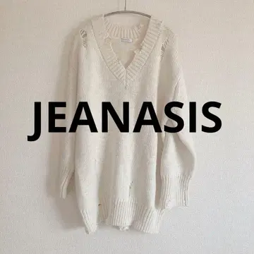 JEANASIS 화이트 데미지 V넥 니트 화이트 스웨터 프리