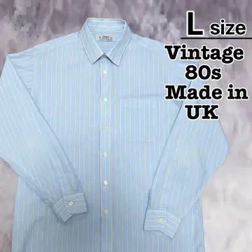 80s 영국제 캐주얼 셔츠 L 스트라이프 라이트 블루 긴팔 M&S