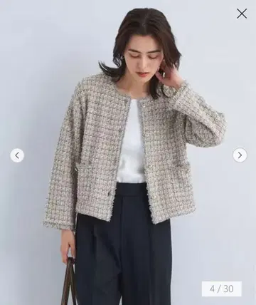 그린 라벨 릴랙싱 믹스 트위드 노카라 니트 자켓