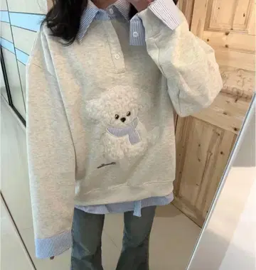 강아지 자수 그레이 맨투맨 긴팔