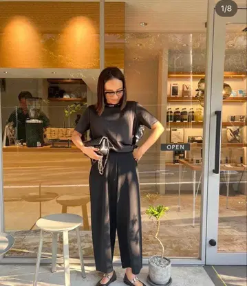 로지몬스터 니트 팬츠 스트레치 하이웨스트 와이드 팬츠 블랙