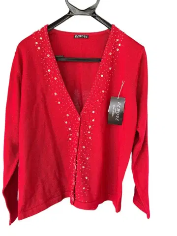 빨간색 비즈 장식 가디건 앙상블