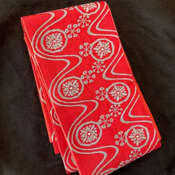 니시진 은사 타테와쿠 꽃무늬 홍견색 반폭 오비