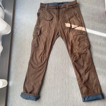 멋쟁이! 카키 빈티지 카고 팬츠, 포켓 여러 개, 안감 블루