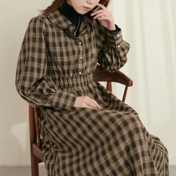 펄 단추 허리 셔링 셔츠 원피스